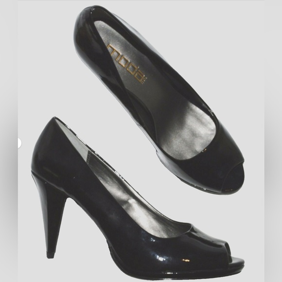 MODA SPANA NEW SIZE SIZE 9 M BLACK PATENT PEEP TOE PLATFORM PUMPS HEELS SHOES - Picture 2 of 6